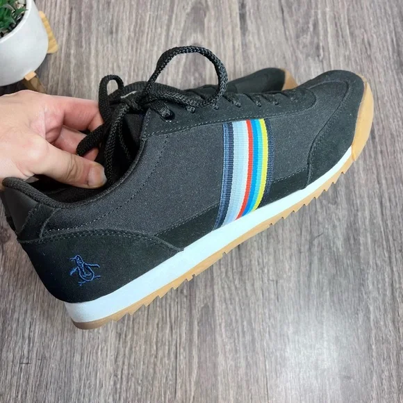*Penguin | Black Suede  Canvas Multi Color Striped Sneakers Size 10 - Picture 3 of 16